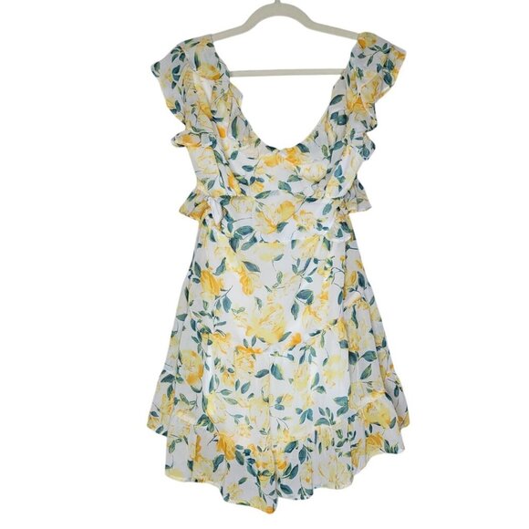 Allison + Kelly Floral Mini Dress Juniors L Chiffon Ruffle Milkmaid Flowy Cutout - Picture 1 of 12